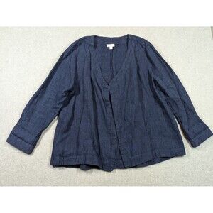 Pure Jill Women Sweater Large‎ Petite Cardigan Open Front Linen Long Sleeve Navy